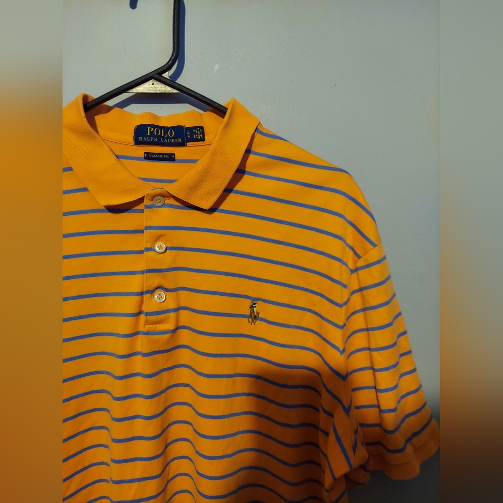 Polo Ralph Lauren Mens Polo Shirt Orange Large Striped Classic Fit Flesh Pony